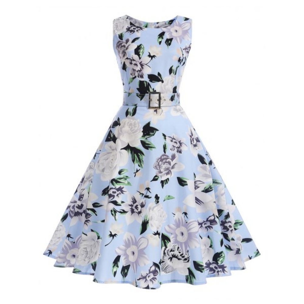 Sky Blue Floral Retro Swing Dress